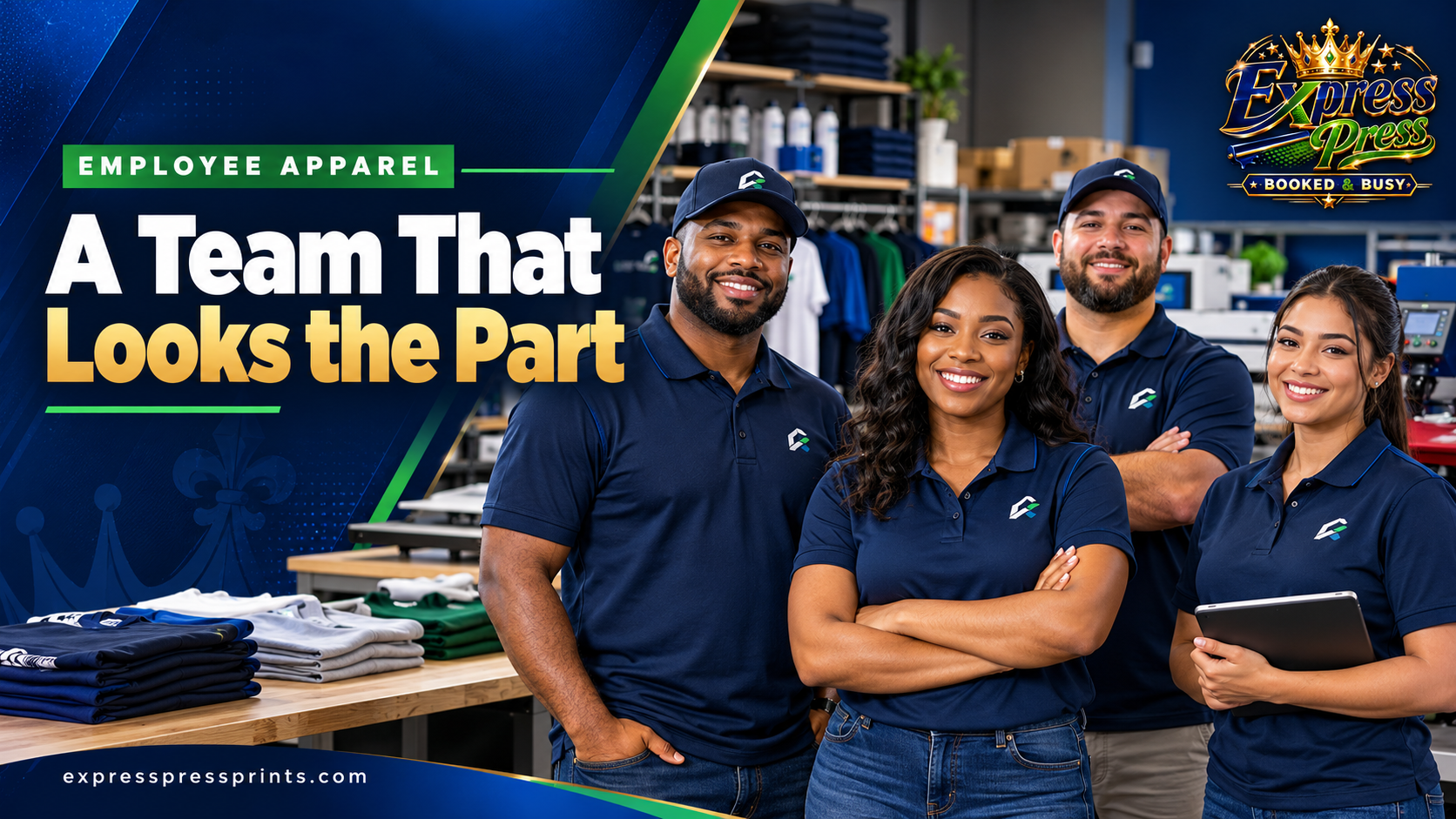 Small business team in coordinated navy work polos