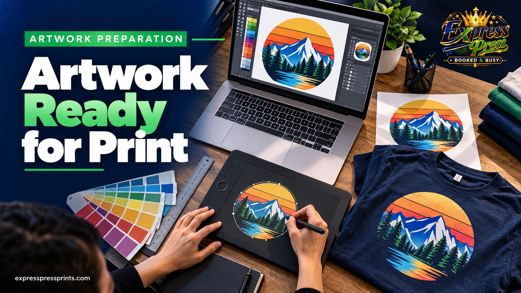 Design workstation with digital artwork, print proof and printed garment