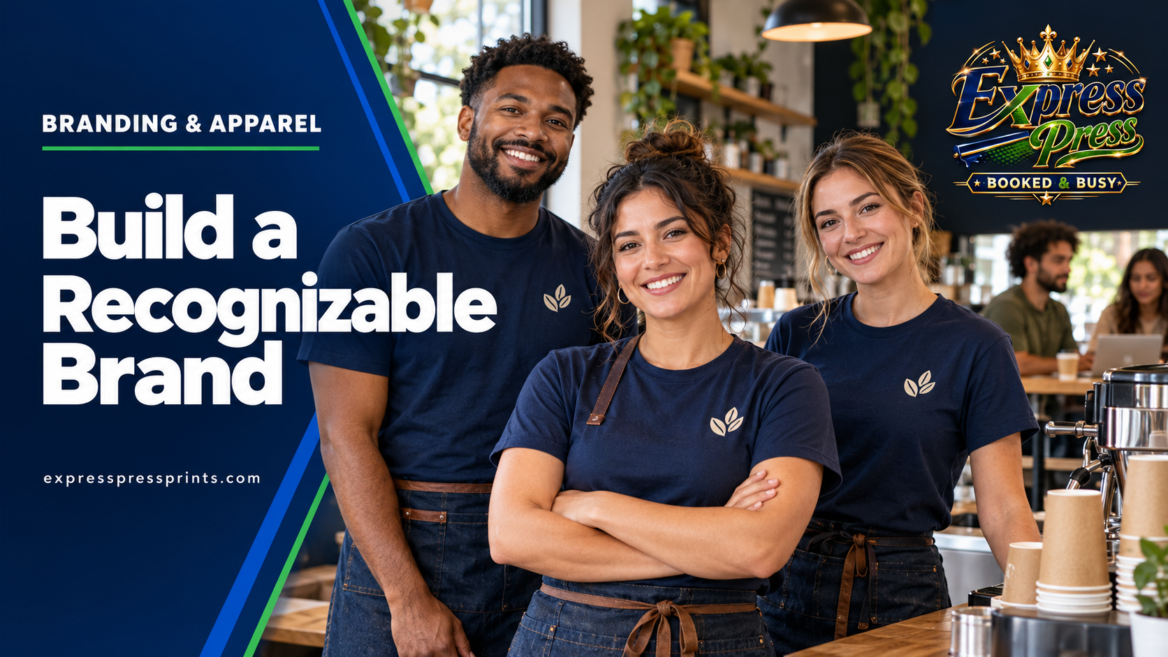 Cafe employees wearing coordinated branded T-shirts