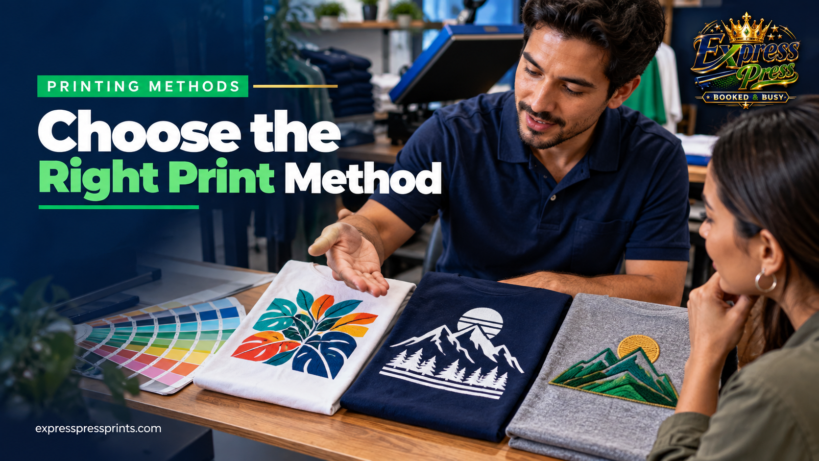 Customer comparing different printed and embroidered garment samples