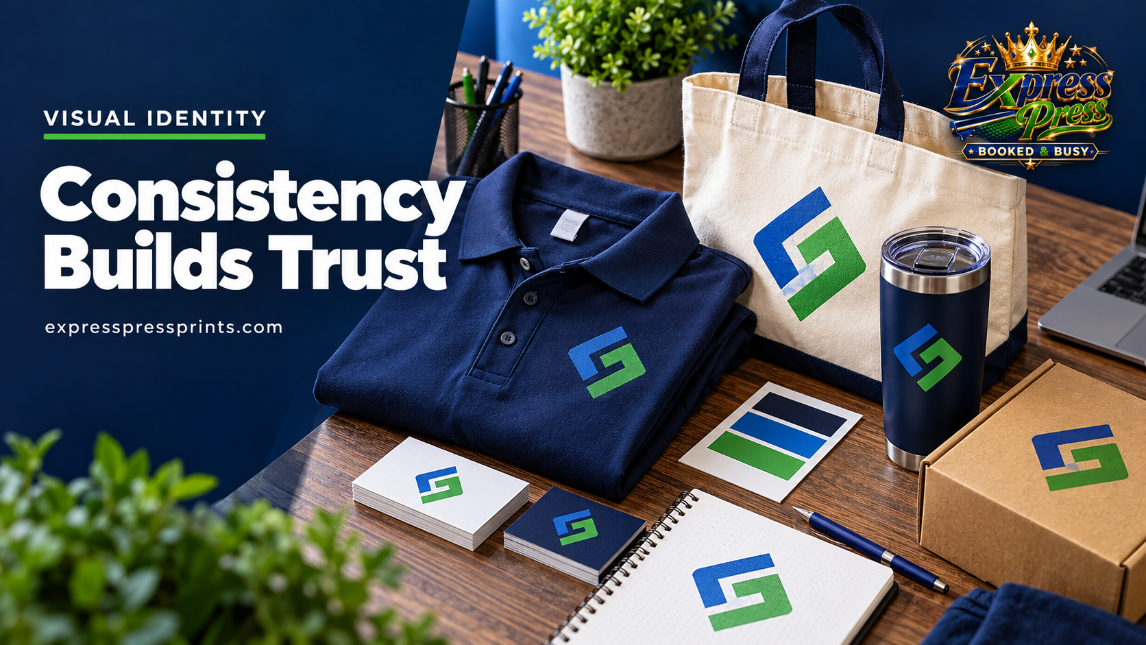 Polo, tote, cards and product box showing consistent brand artwork