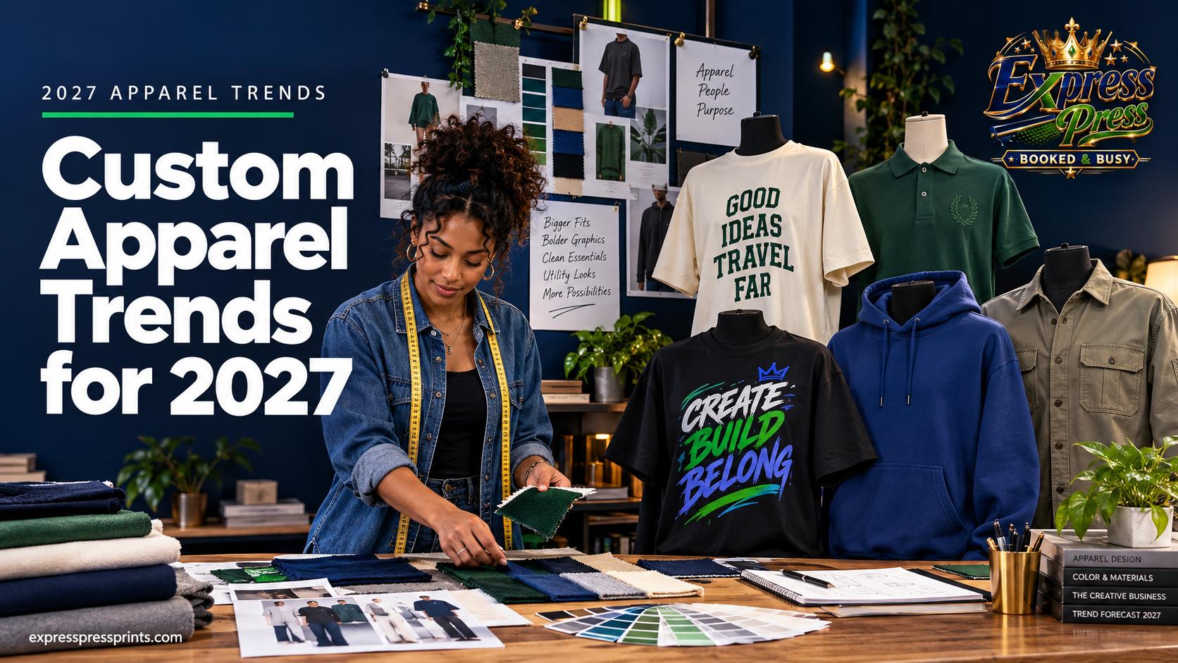 Designer comparing contemporary T-shirts, polos, hoodies and fabric samples