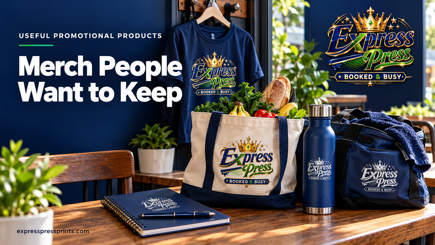 Reusable tote, water bottle, shirt and notebook with coordinated branding