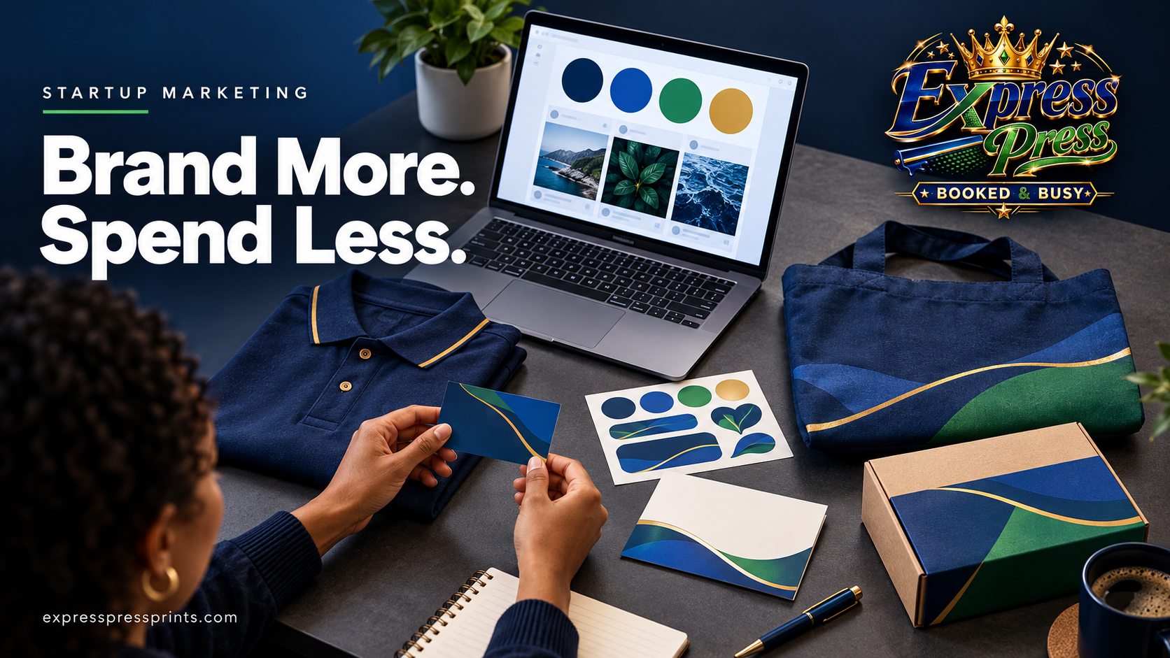 Startup branding materials including custom apparel and printed packaging