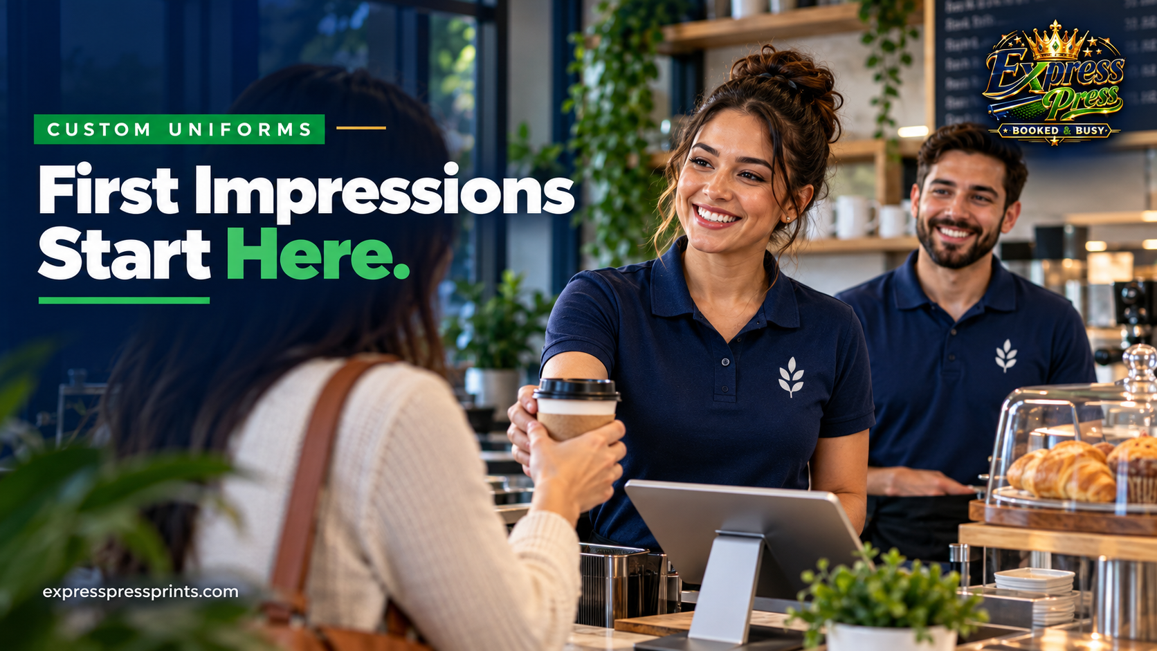Business staff wearing matching logo polos while serving a customer