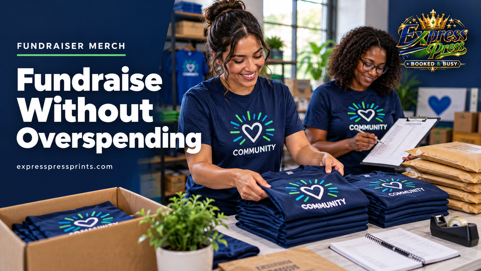 Community volunteers preparing matching printed shirts for a fundraiser