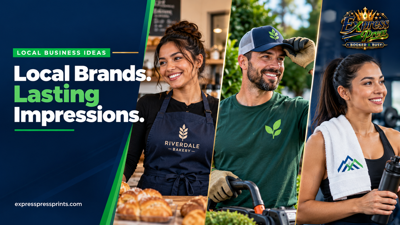 Three local business professionals displaying practical branded apparel