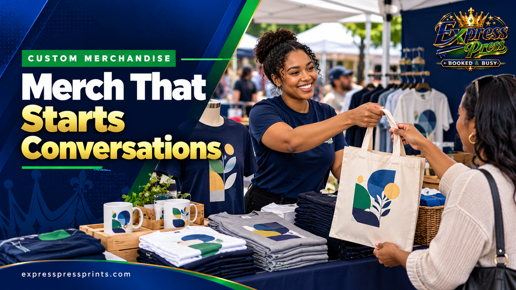 Market vendor sharing customized merchandise with a local customer