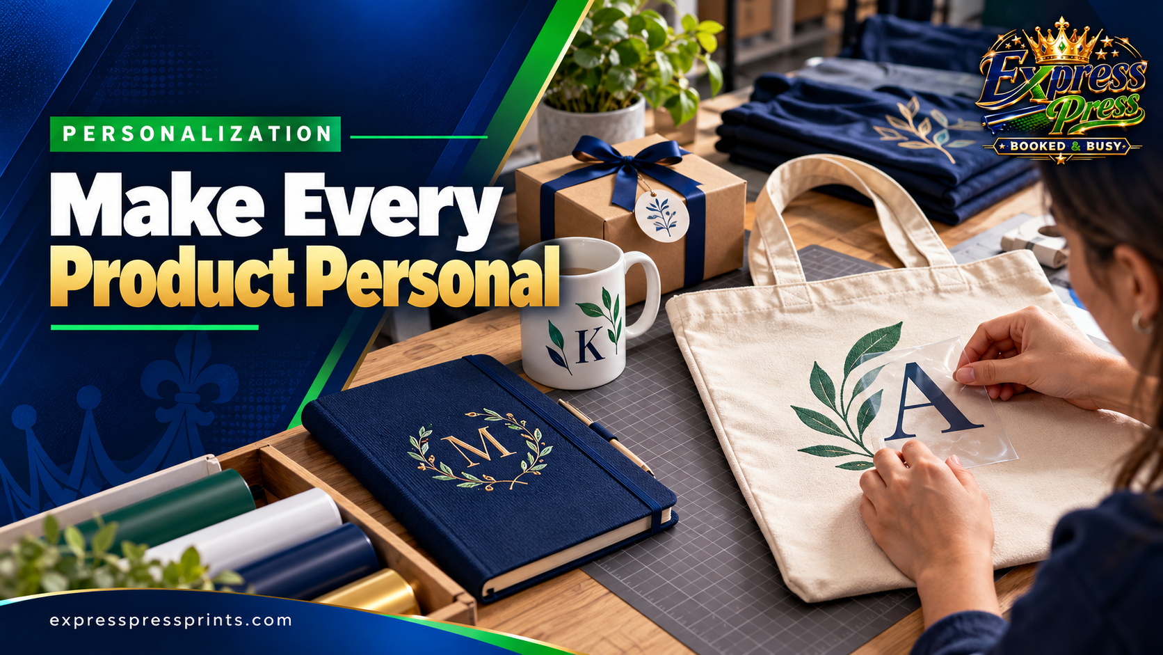 Custom tote, notebook, mug and gift packaging with personalized motifs
