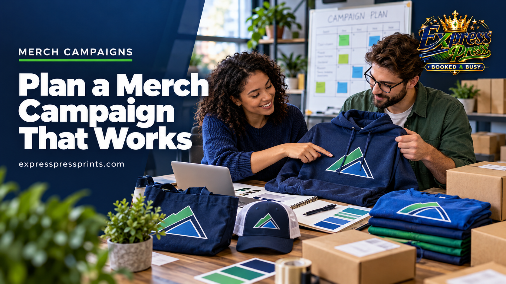 Team planning merchandise designs using a hoodie and branded samples