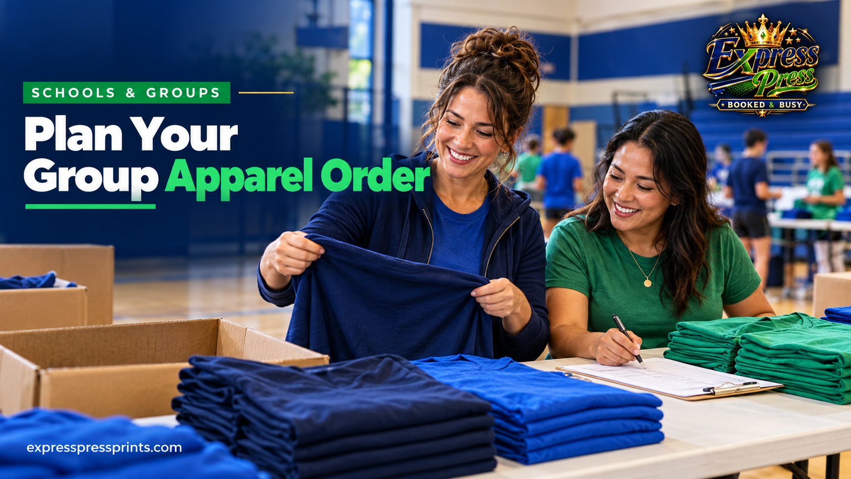 Volunteers sorting coordinated shirts and checking apparel sizes