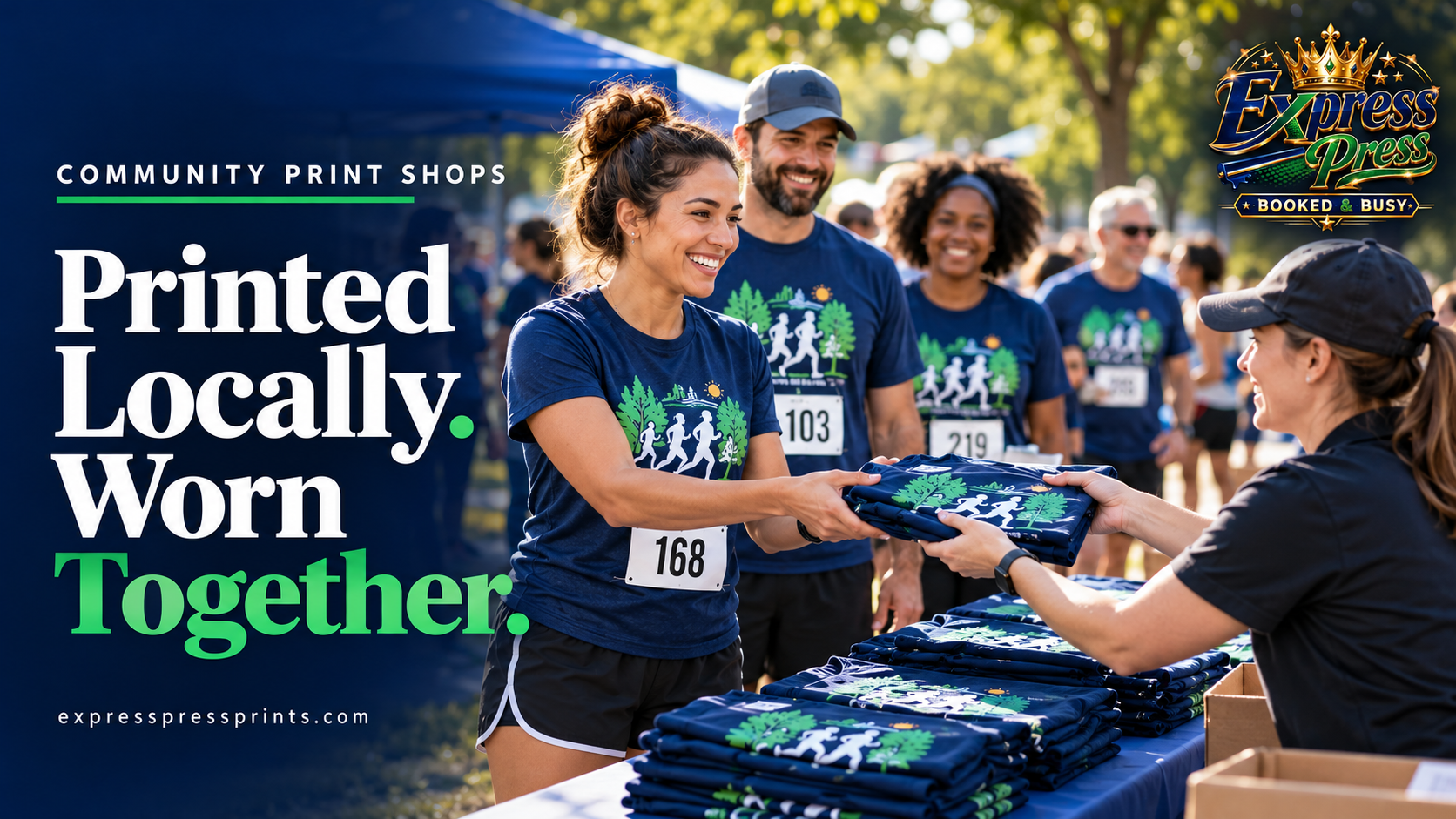 Community event organizer distributing matching printed T-shirts