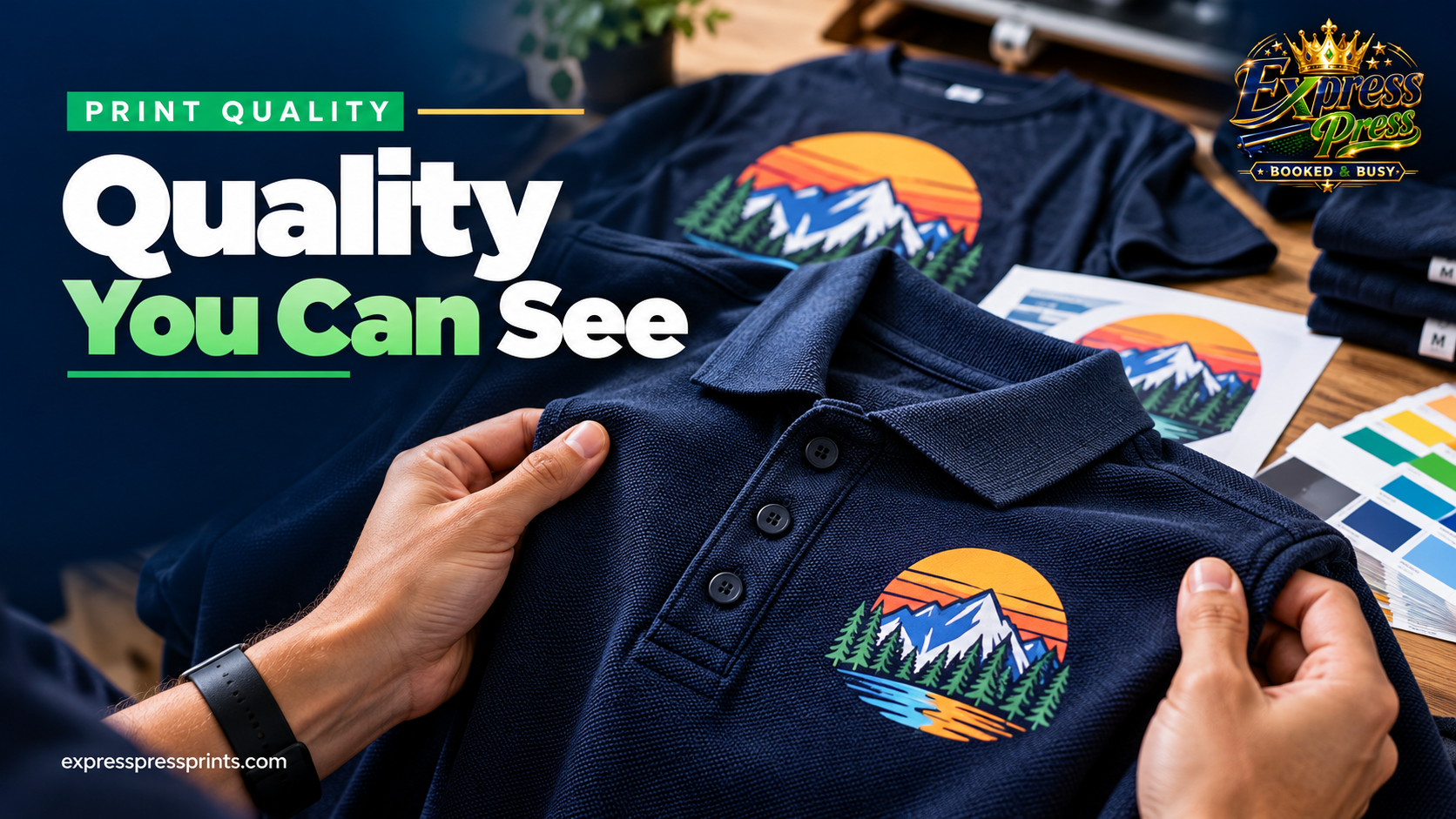 Close-up inspection of a high-quality printed navy polo shirt