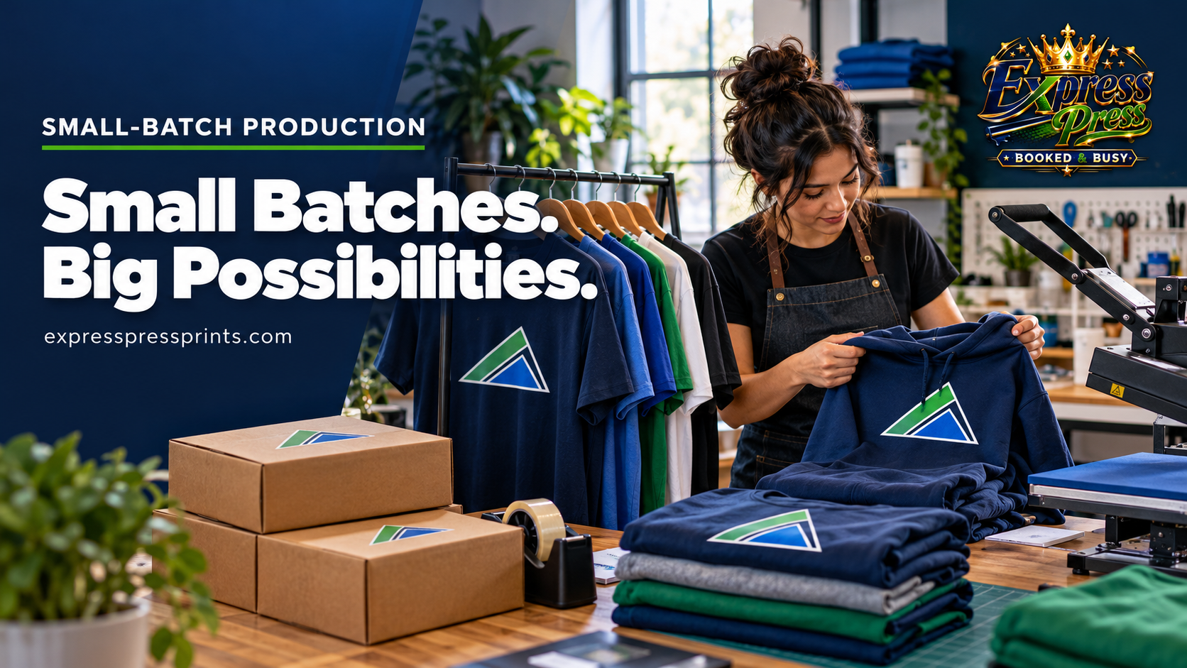 Small apparel studio with a short T-shirt rack and custom hoodie sample