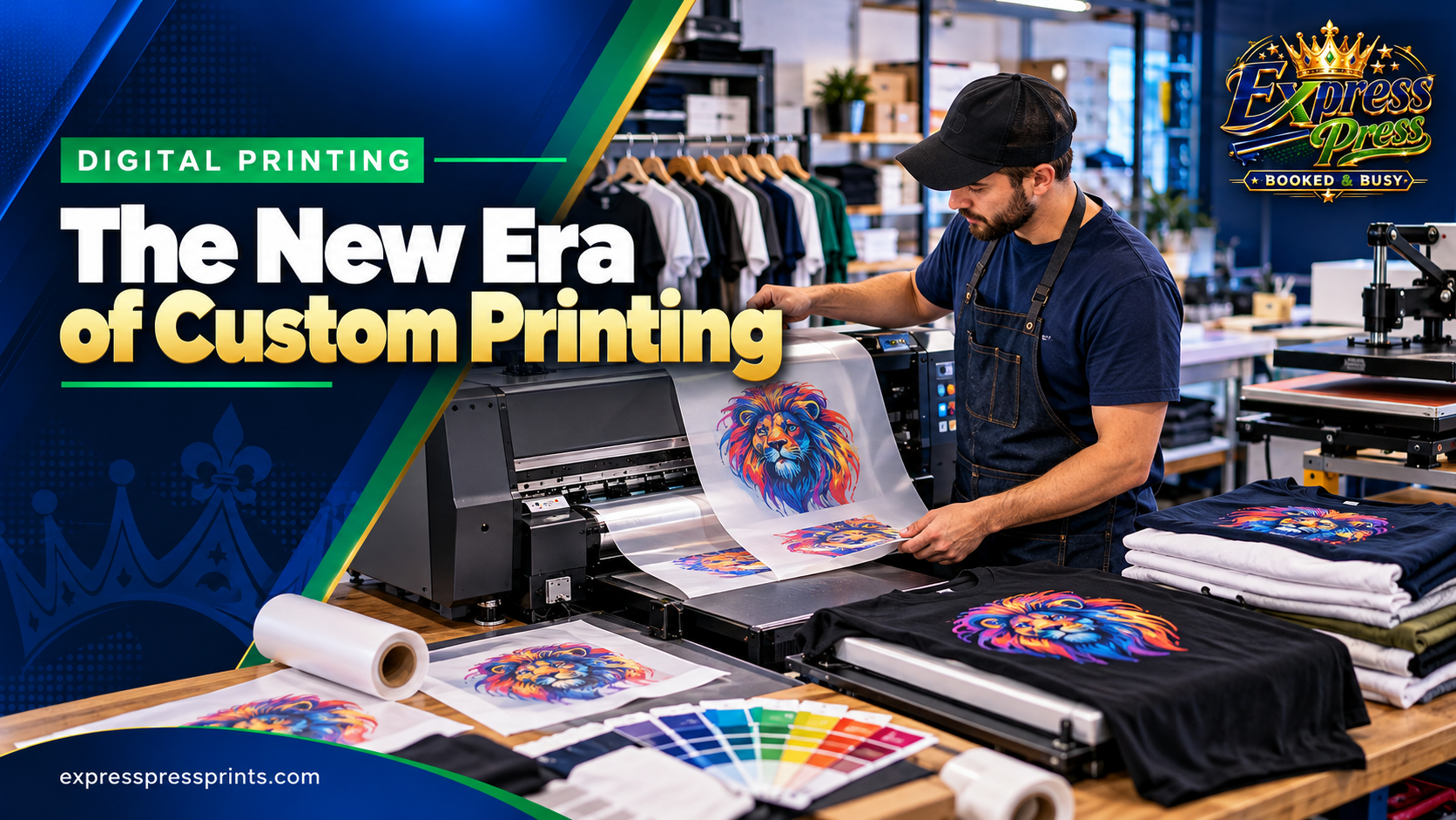 Digital apparel printing workstation with colorful custom print samples