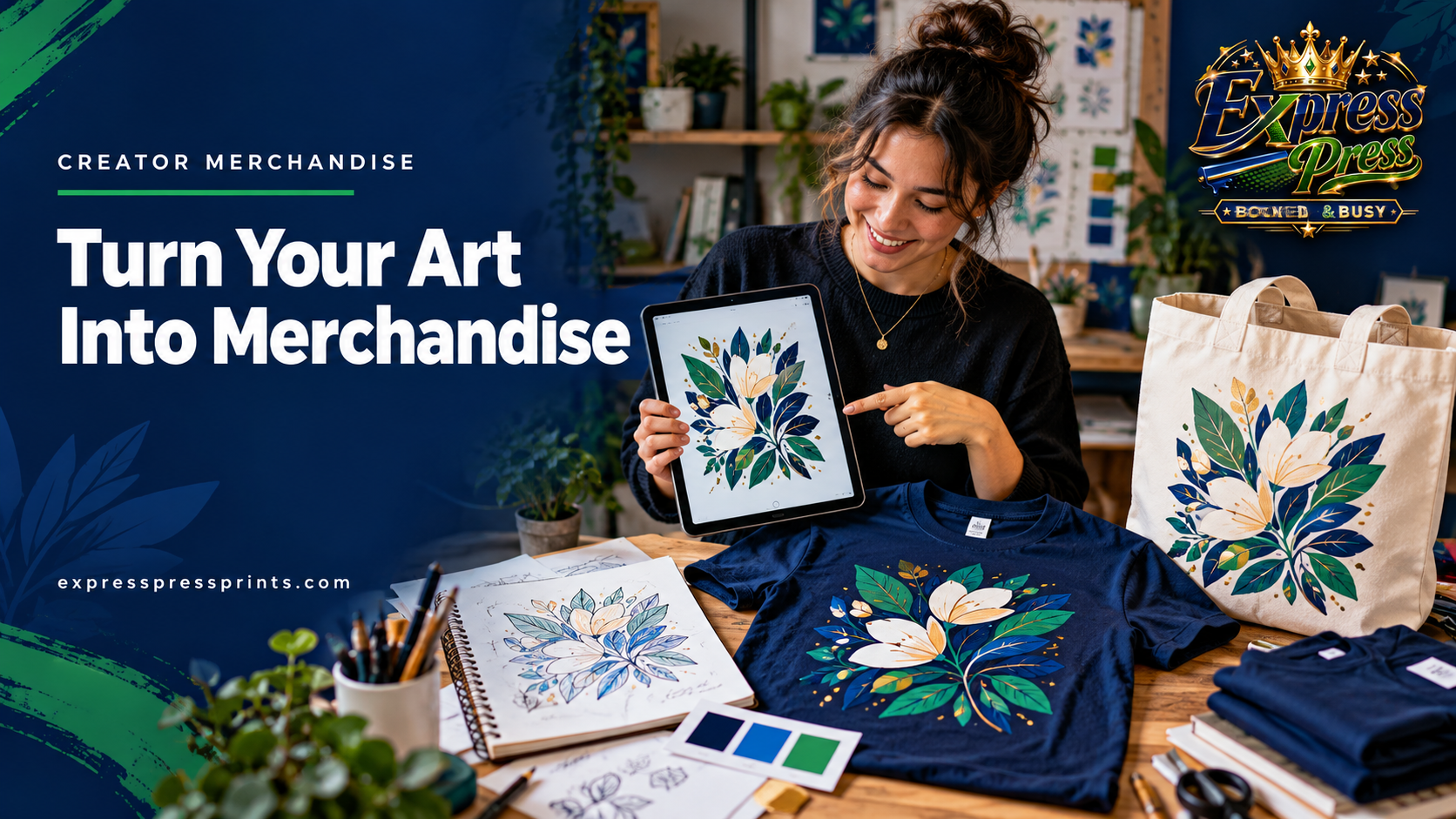 Artist showing how one illustration becomes a printed T-shirt and tote
