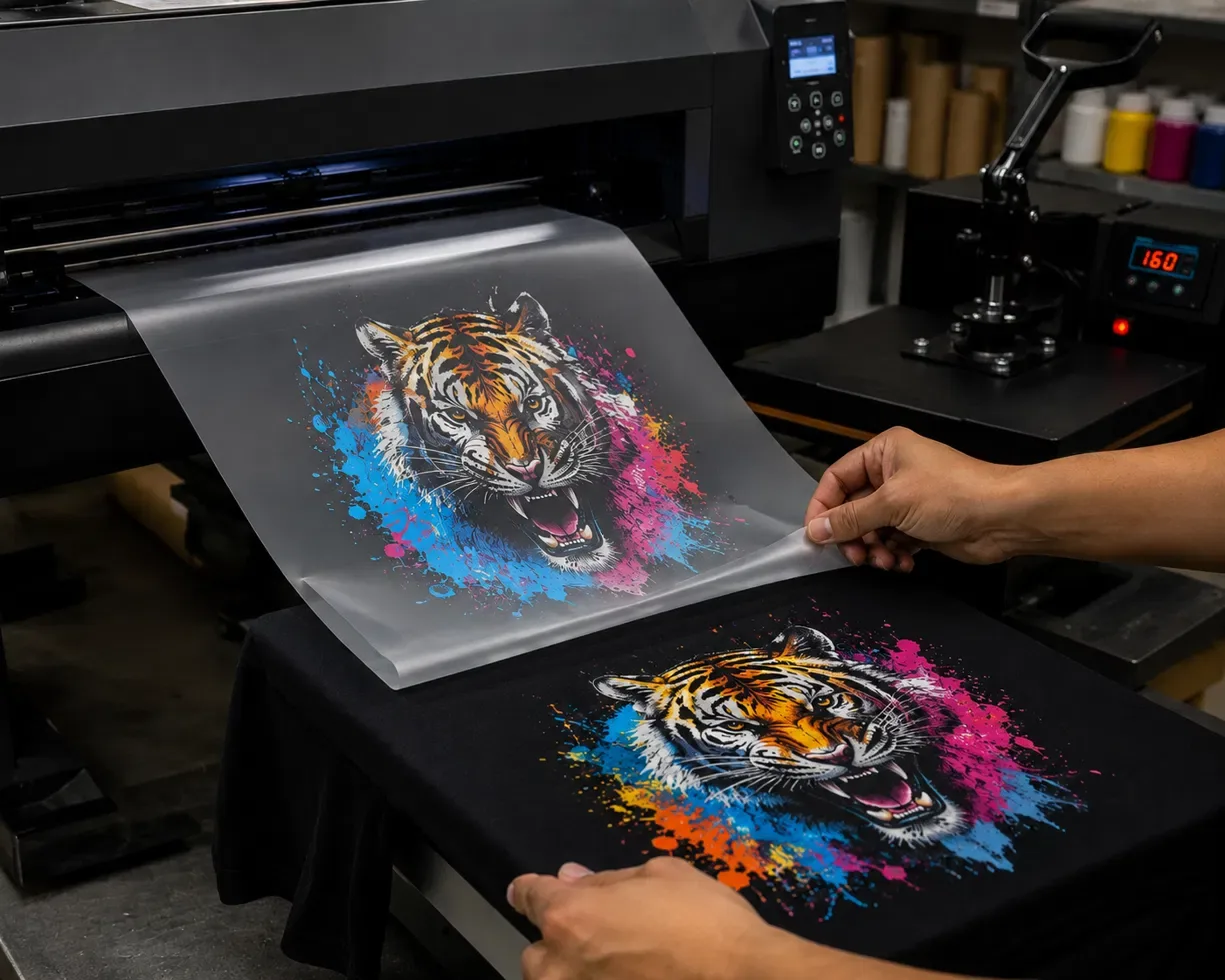 DTF transfer being peeled onto a black t-shirt