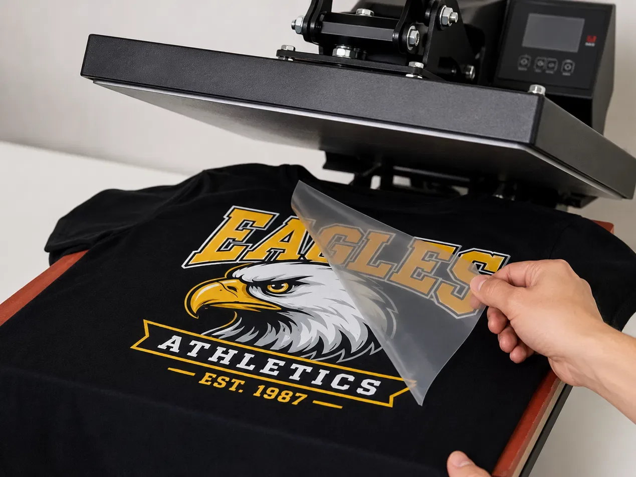 Heat transfer being peeled off a black t-shirt with Eagles Athletics design