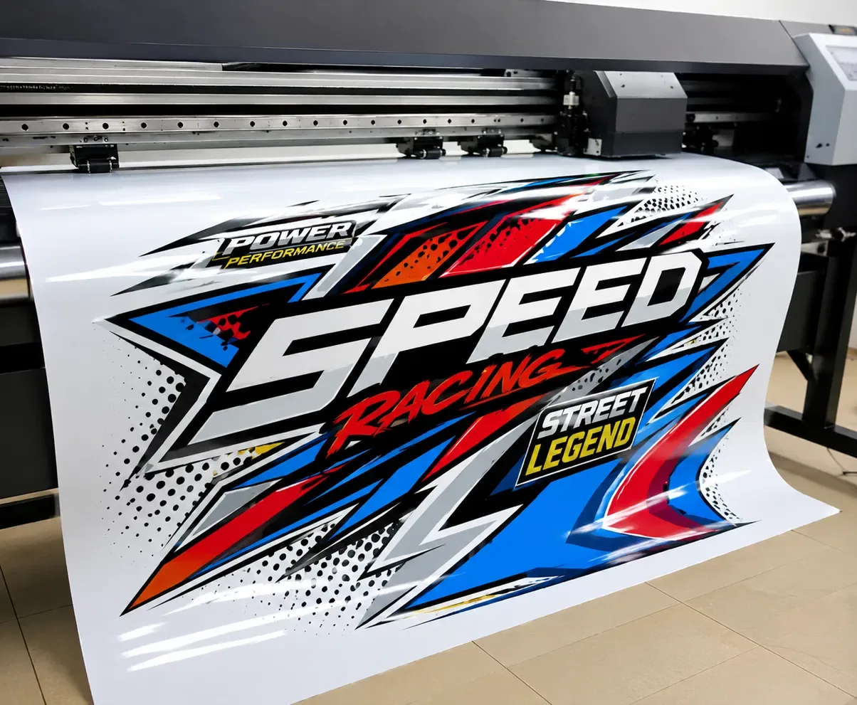 Large format vinyl print roll with racing graphic design
