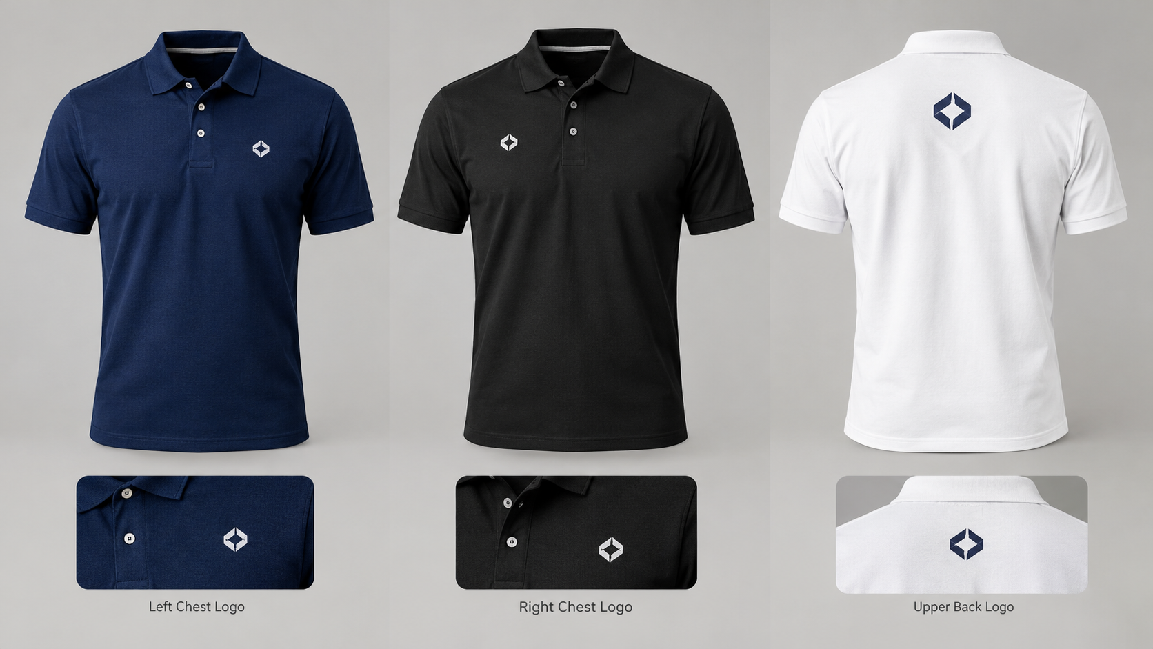 Custom business polo shirts showing left-chest, right-chest, and back logo printing placements.