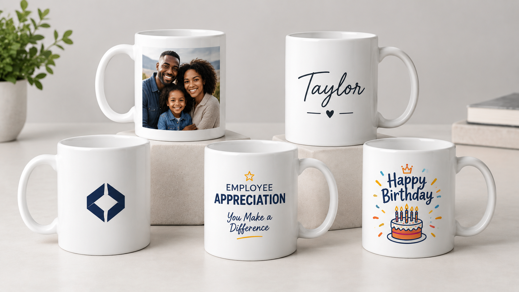 Personalized coffee mugs featuring photo gifts, names, company logos, and birthday designs.