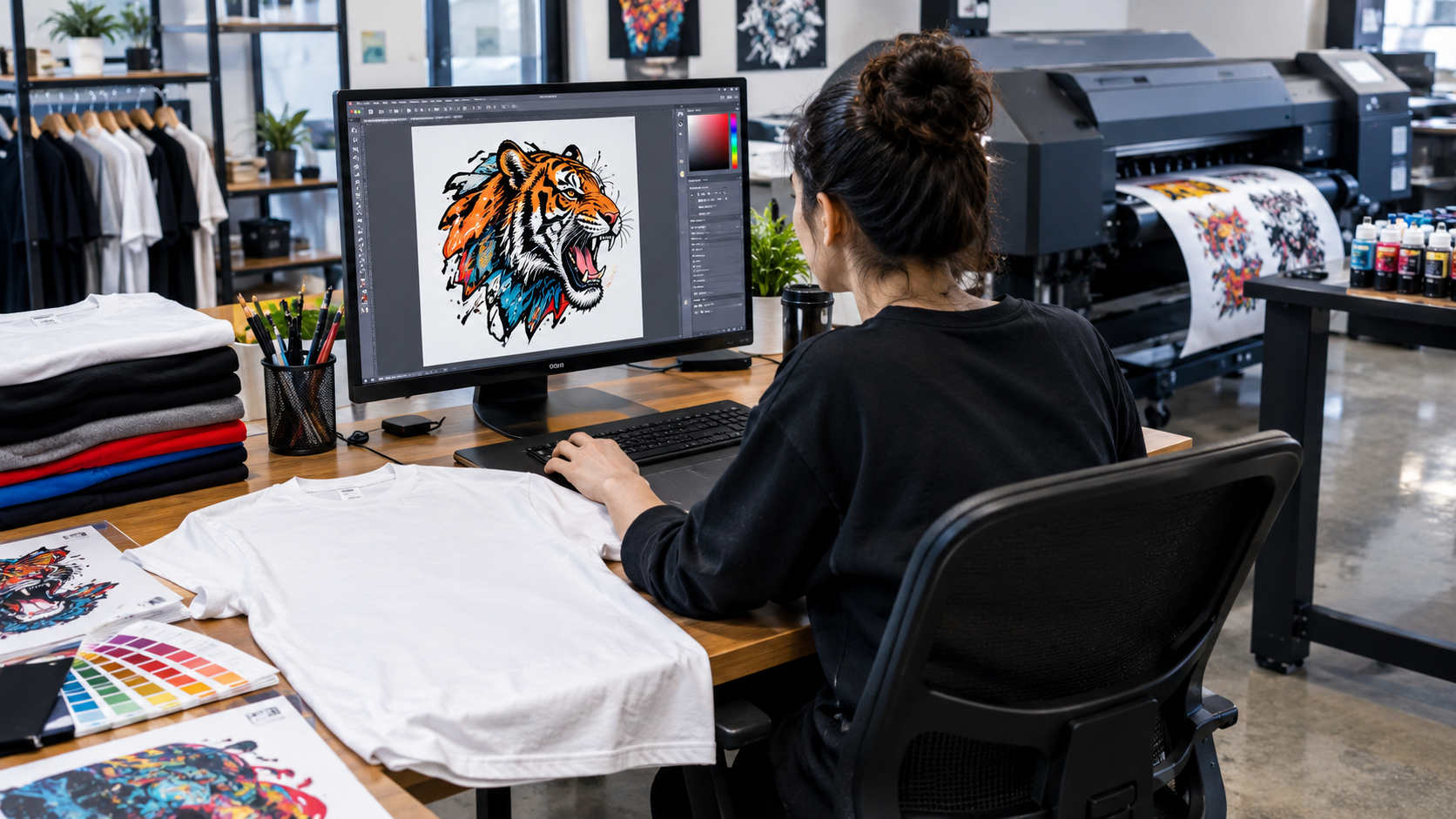Graphic designer preparing high-resolution artwork files for custom T-shirt printing.