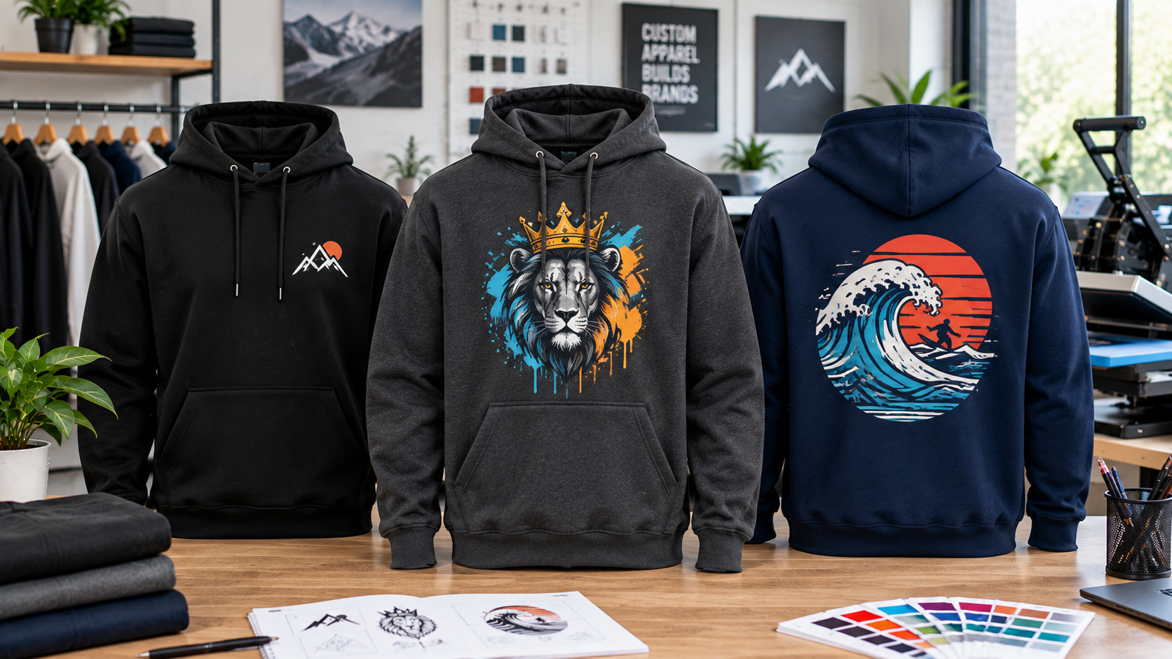 Custom printed pullover hoodies featuring company logos and personalized artwork.