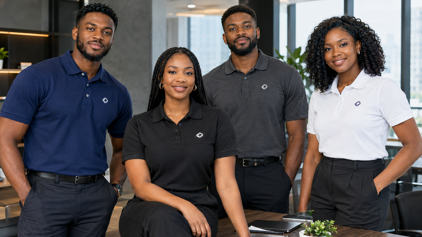 Business team wearing professional custom logo polo shirts for employee uniforms.