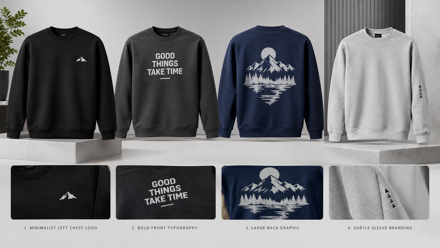 Custom crewneck sweatshirts featuring business logos, team graphics, and personalized designs.