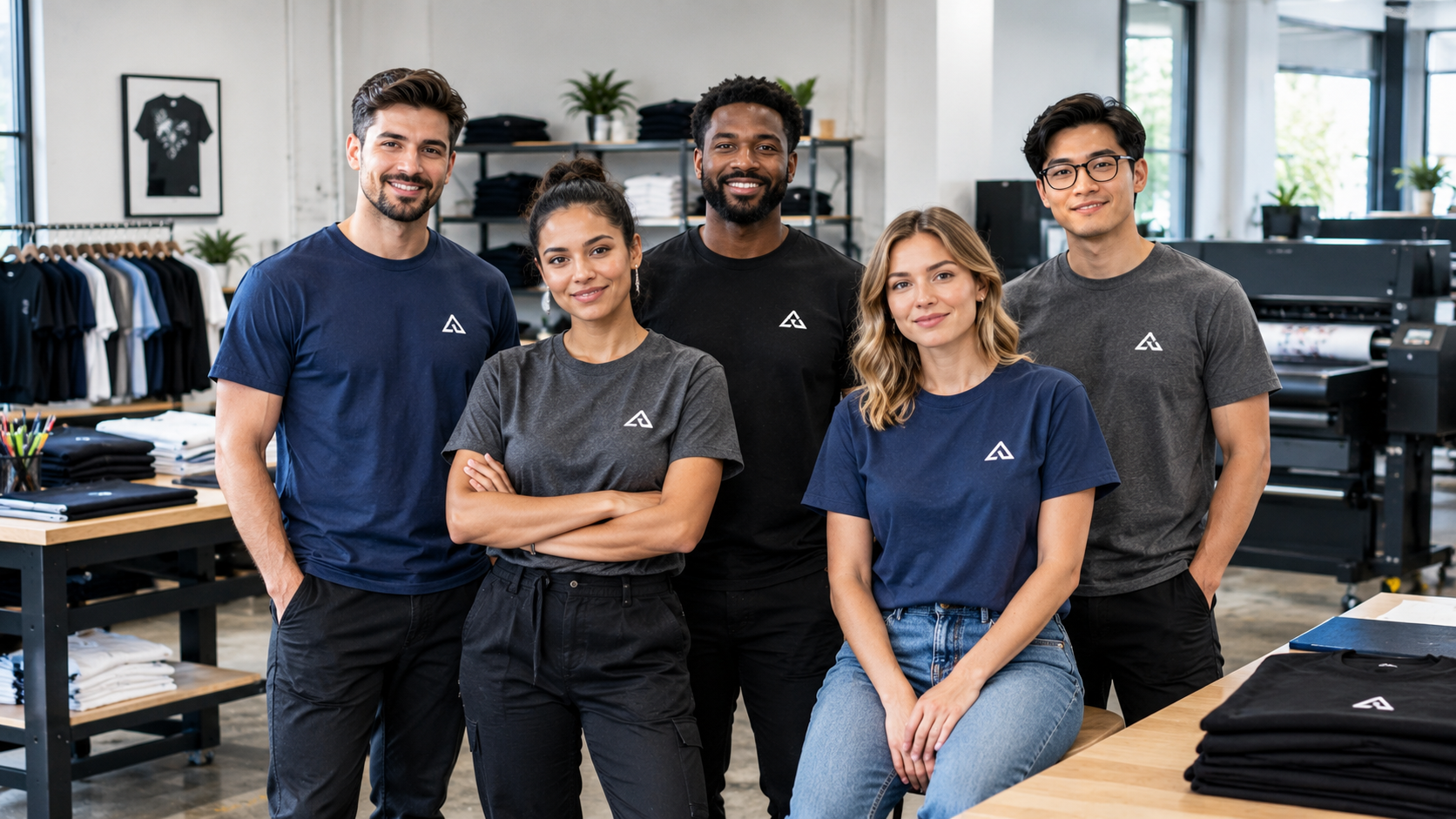 Small business employees wearing matching custom logo T-shirts for company branding.