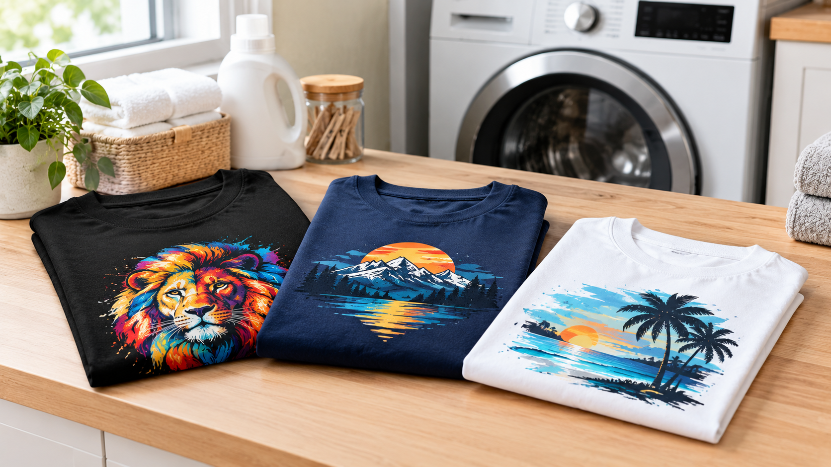 Folded custom printed T-shirts beside a washing machine for proper garment care.