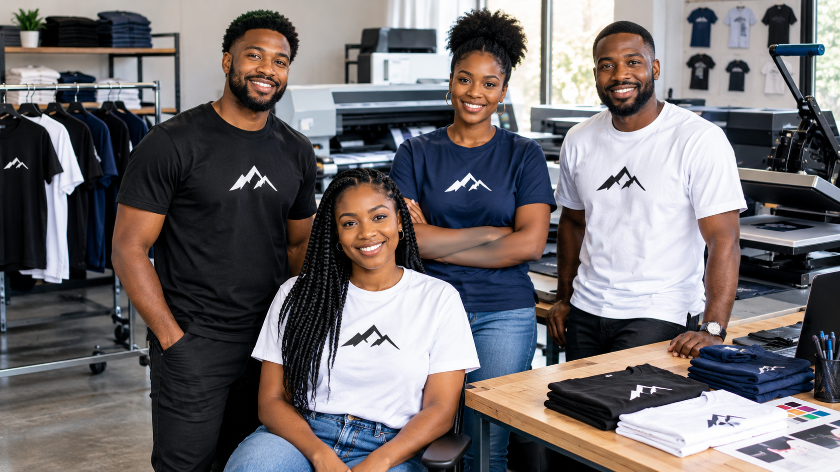 Small business team wearing custom printed cotton T-shirts with company logos.