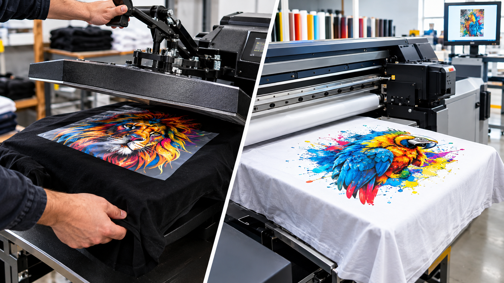 DTF printing on a black cotton T-shirt compared with sublimation printing on a white polyester shirt.
