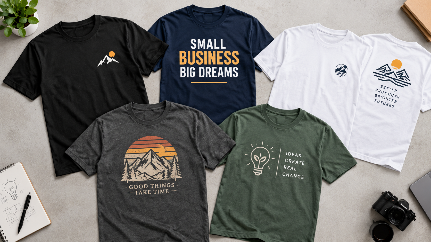 Collection of custom printed business T-shirts featuring different company branding and promotional design ideas.