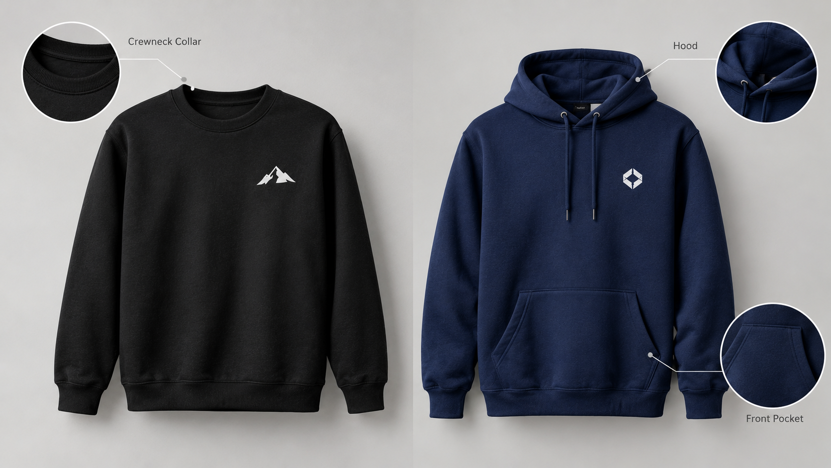 Black custom crewneck sweatshirt compared with navy pullover hoodie for personalized printing.