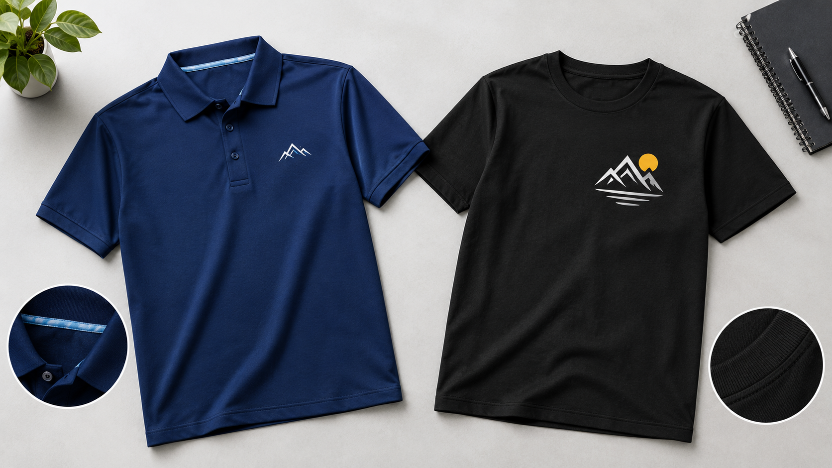 Custom navy logo polo shirt and black business T-shirt compared for employee uniforms.