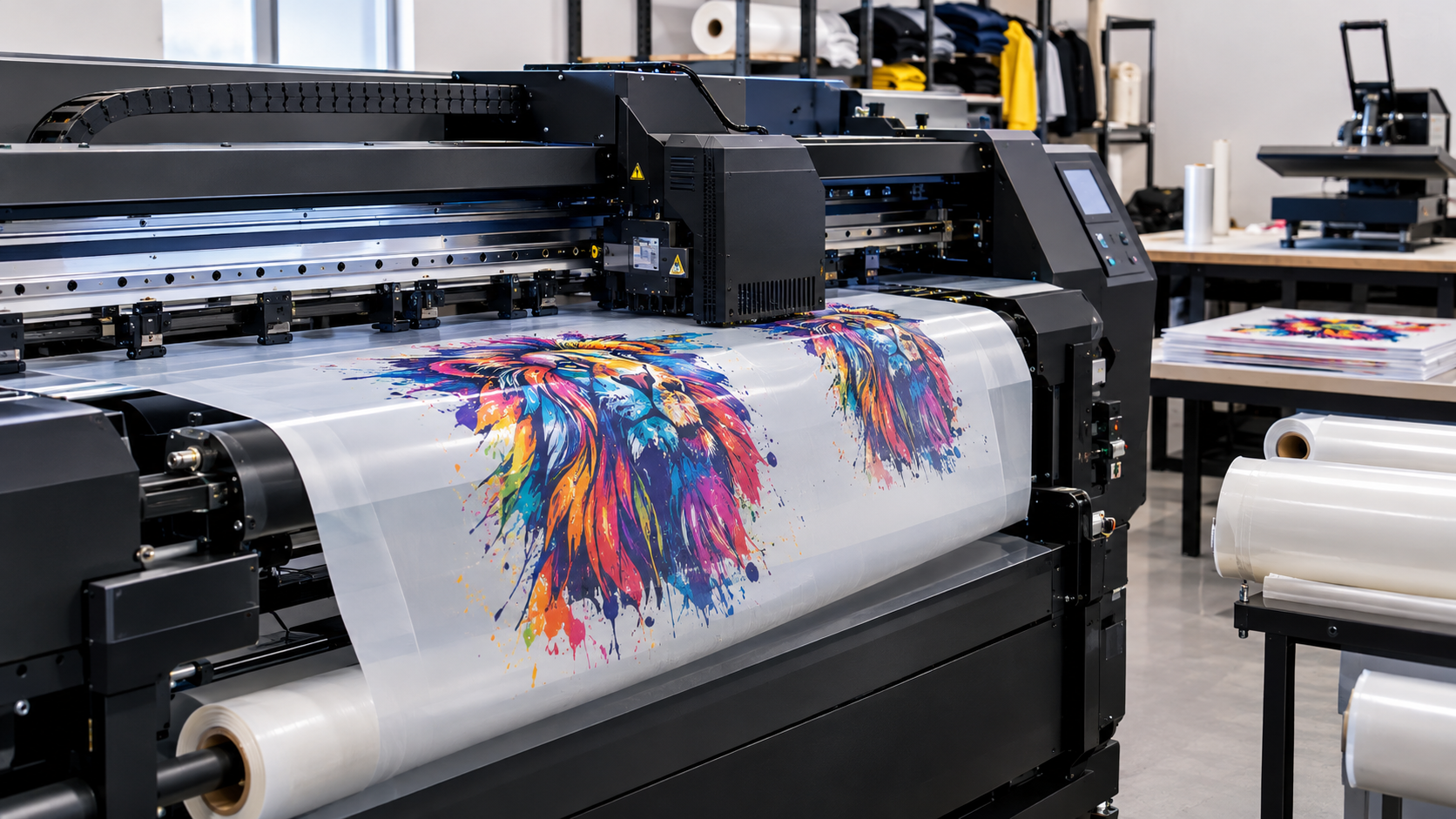 Professional DTF printer producing a full-color garment transfer on film