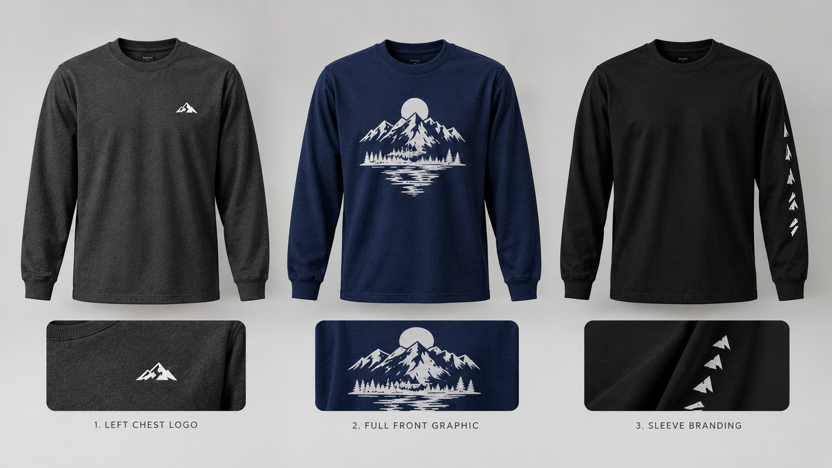 Custom long sleeve T-shirts in charcoal, navy, and black with company logo and sleeve printing options.