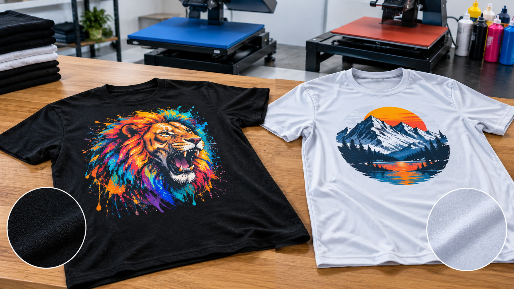 Cotton and polyester T-shirts with custom DTF prints compared side by side.