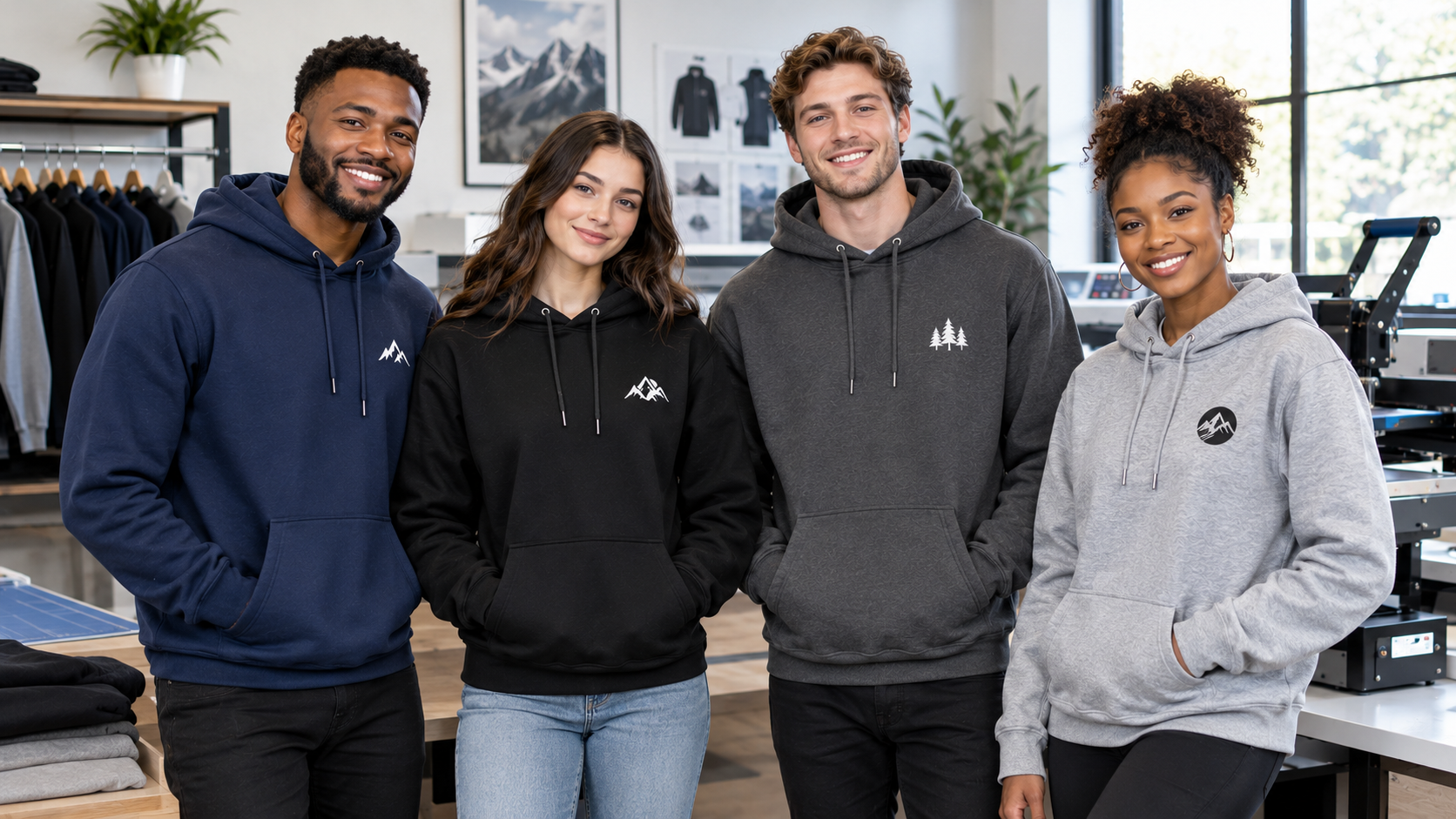 Business team wearing matching custom logo pullover hoodies for company branding.